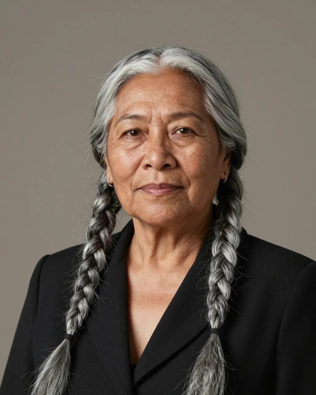 Headshot of a senior Indigenous woman with long silver braids wearing a black blazer against a warm gray backdrop