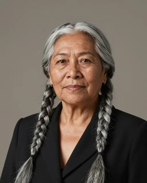 Headshot of a senior Indigenous woman with long silver braids wearing a black blazer against a warm gray backdrop