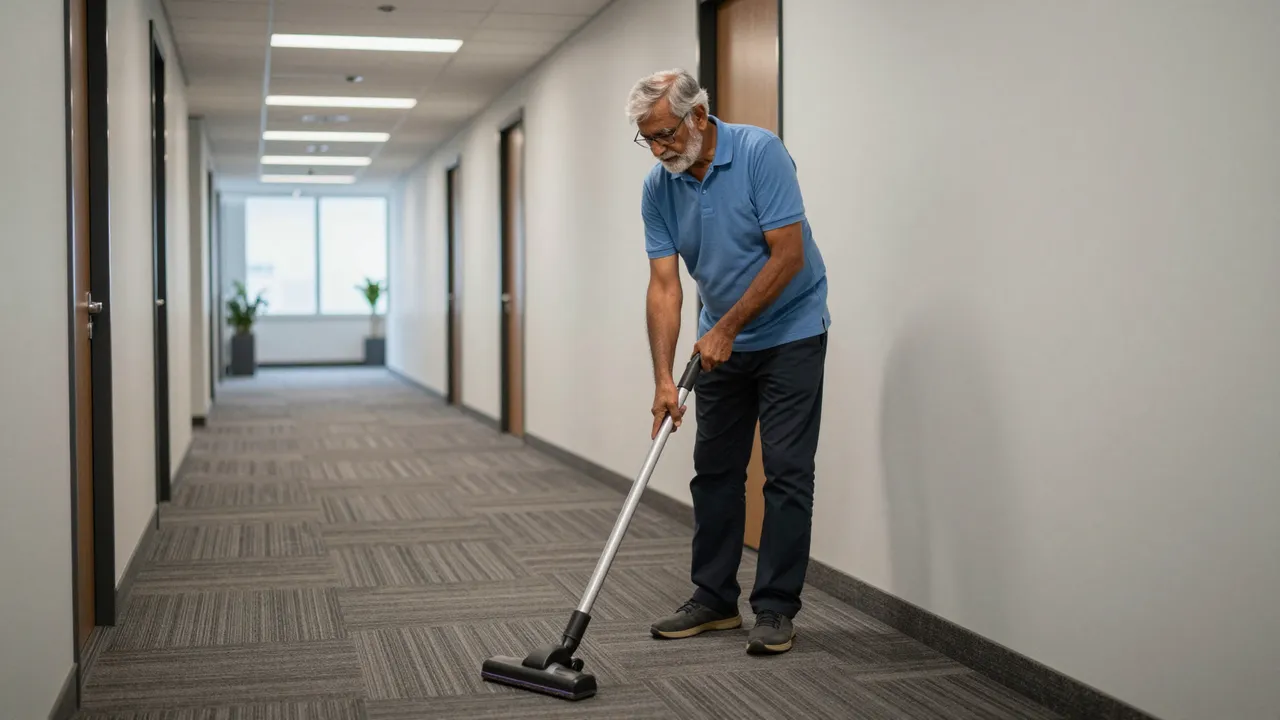 Older South Asian man vacuums patterned carpet in a long empty office hallway