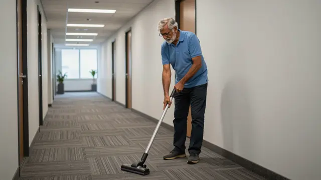 Older South Asian man vacuums patterned carpet in a long empty office hallway