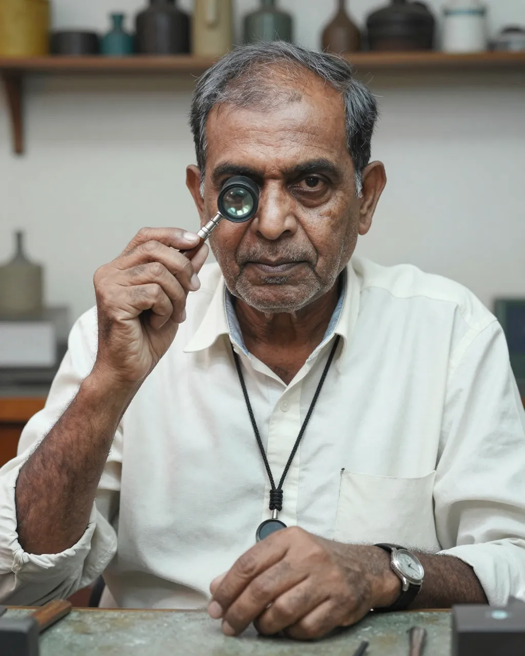 Older South Asian jeweler holds a loupe at his cluttered workshop workbench