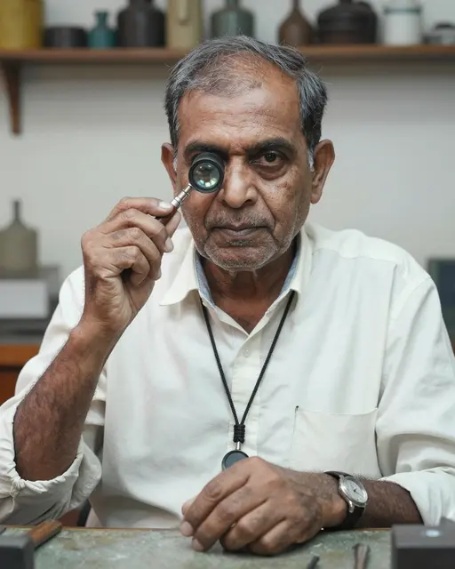 Older South Asian jeweler holds a loupe at his cluttered workshop workbench