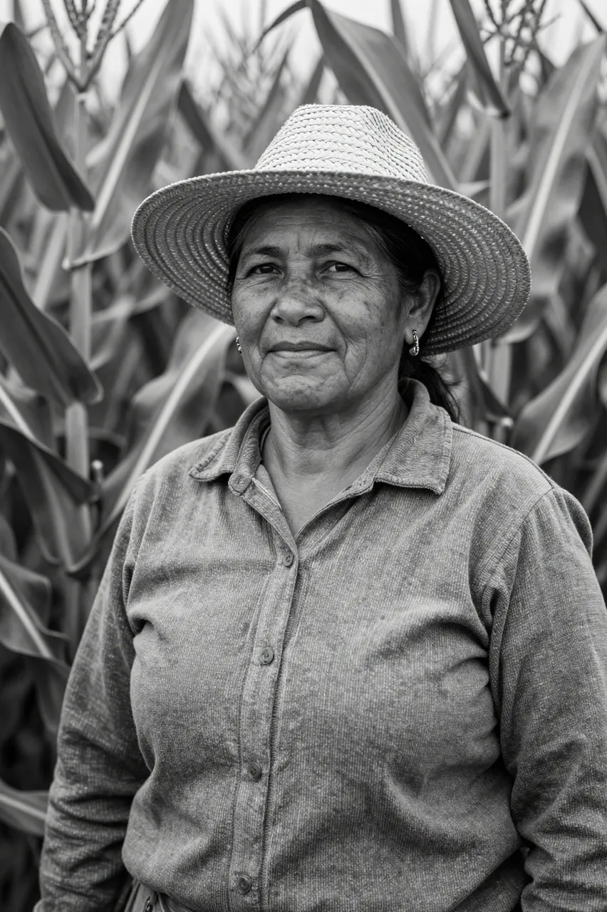 Black and white portrait of a senior Latina woman in a straw hat standing in a corn field