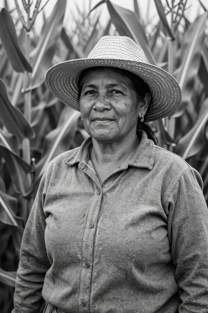 Black and white portrait of a senior Latina woman in a straw hat standing in a corn field