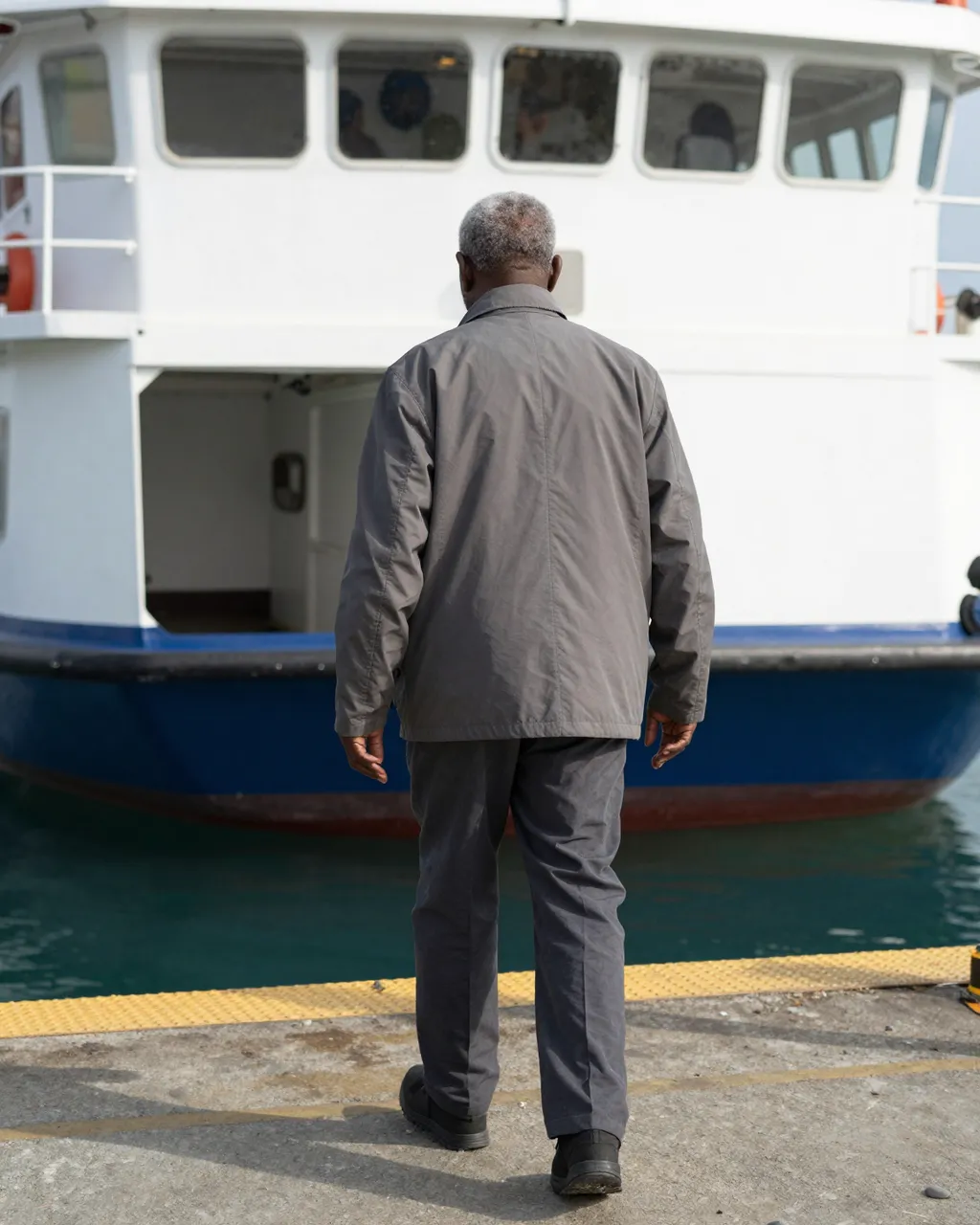 Back view of an older Black man standing on a pier in front of a docked passenger ferry.