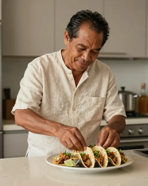 A senior Pacific Islander man arranges tacos on a platter atop a kitchen counter in warm evening light.