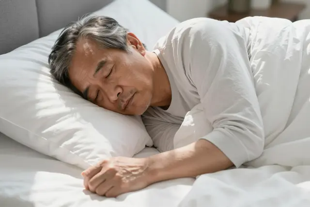East Asian man in his seventies sleeps on his side in a sunlit bed covered by a white duvet