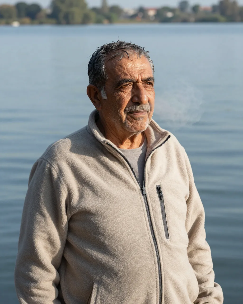 Elderly Middle Eastern man in a fleece jacket stands by calm lake water, wet hair with visible cold morning breath