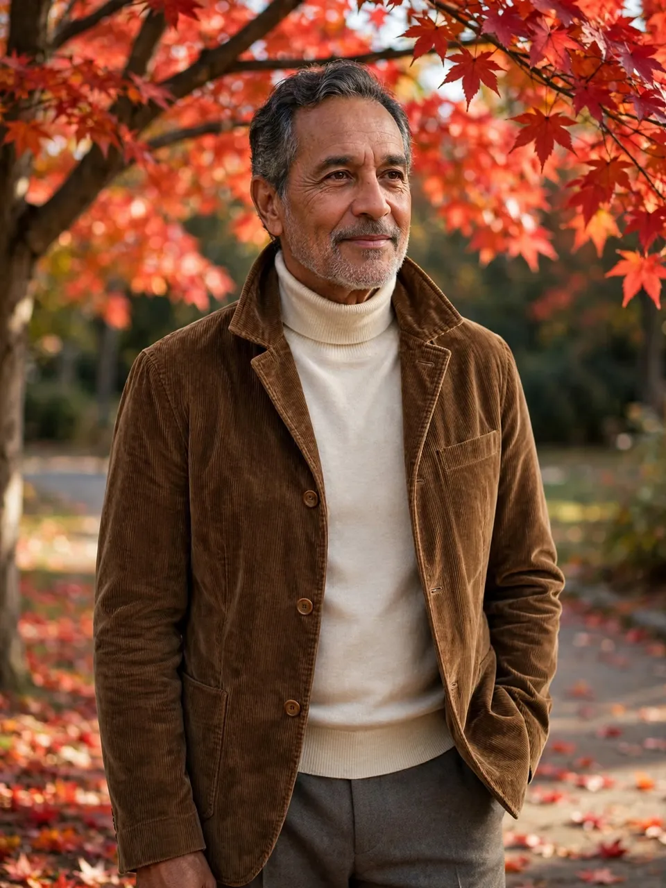 Sixty-something Latino man in fall clothing stands under red maple trees in a sunlit park