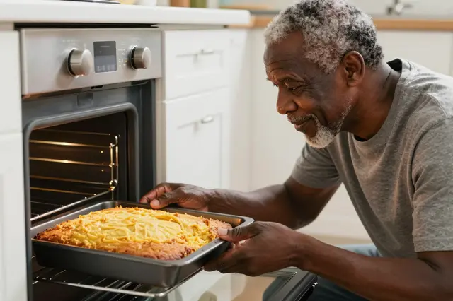 A senior Black man pulls a baked pan of food out of an open kitchen oven, lit by warm appliance glow.