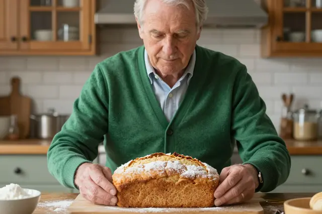 Older man in a green cardigan holds a fresh loaf of soda bread in a farmhouse kitchen