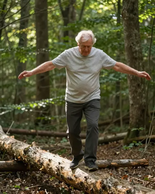 Older man in a plain t-shirt holds his arms out while balancing on a fallen log in a sunlit woodland