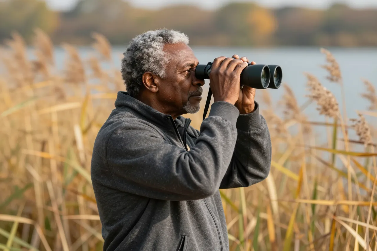 Side view of an older Black man using binoculars while standing among autumn reeds at a lakeshore
