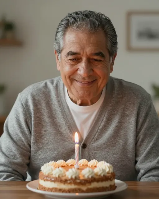 Older Latino man in a gray cardigan smiles down at a birthday cake with one lit candle on a wooden table