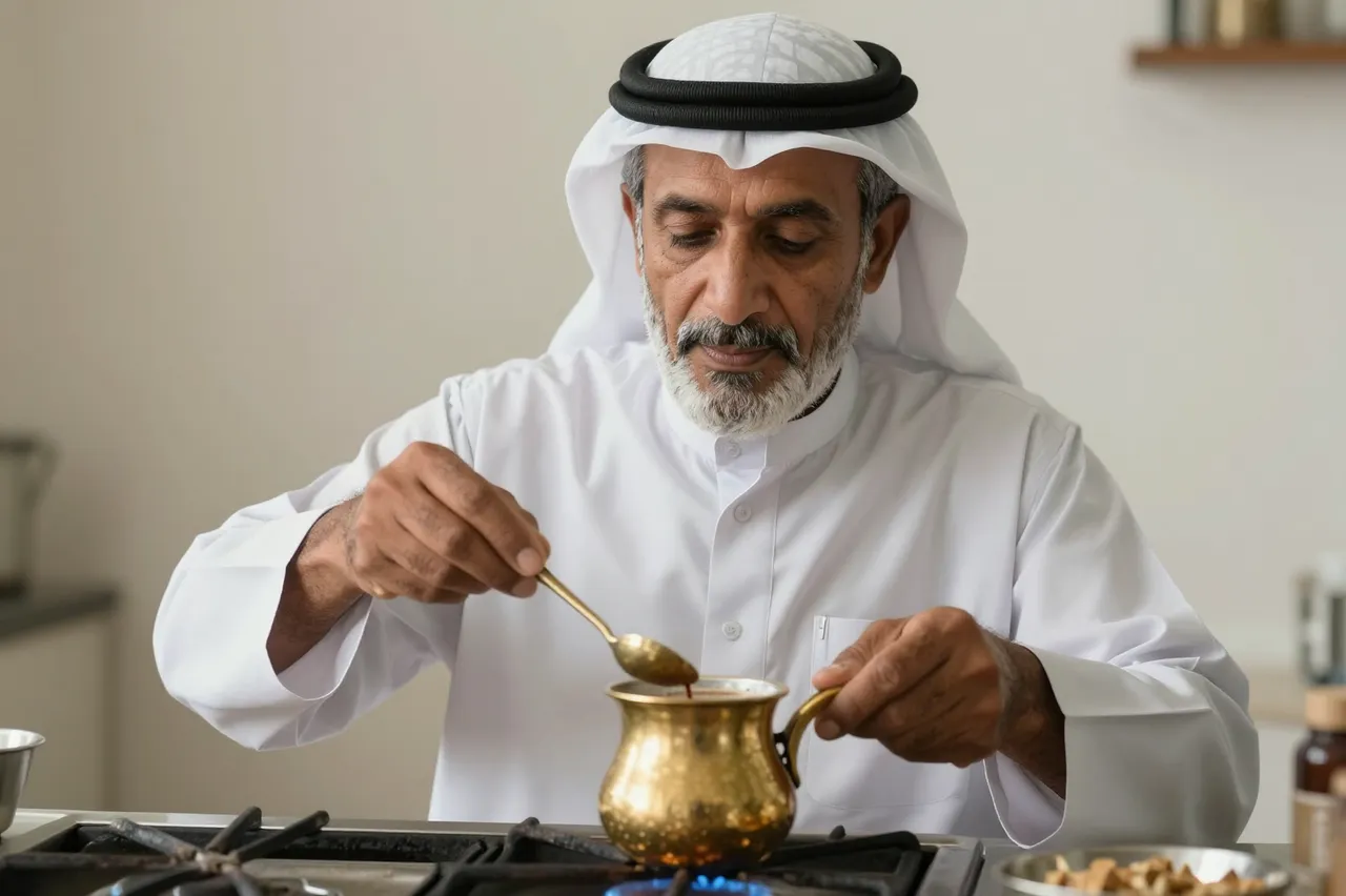 Elderly Middle Eastern man stirs cardamom coffee in a brass pot over a gas stove with soft morning light.