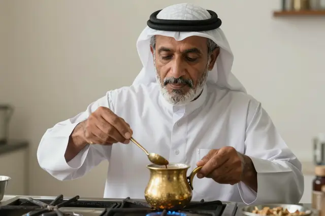 Elderly Middle Eastern man stirs cardamom coffee in a brass pot over a gas stove with soft morning light.