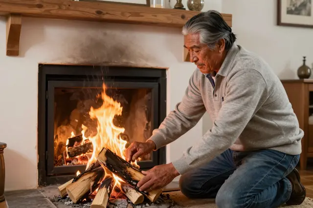 An older man kneels beside a living room fireplace arranging kindling for a warming fire.