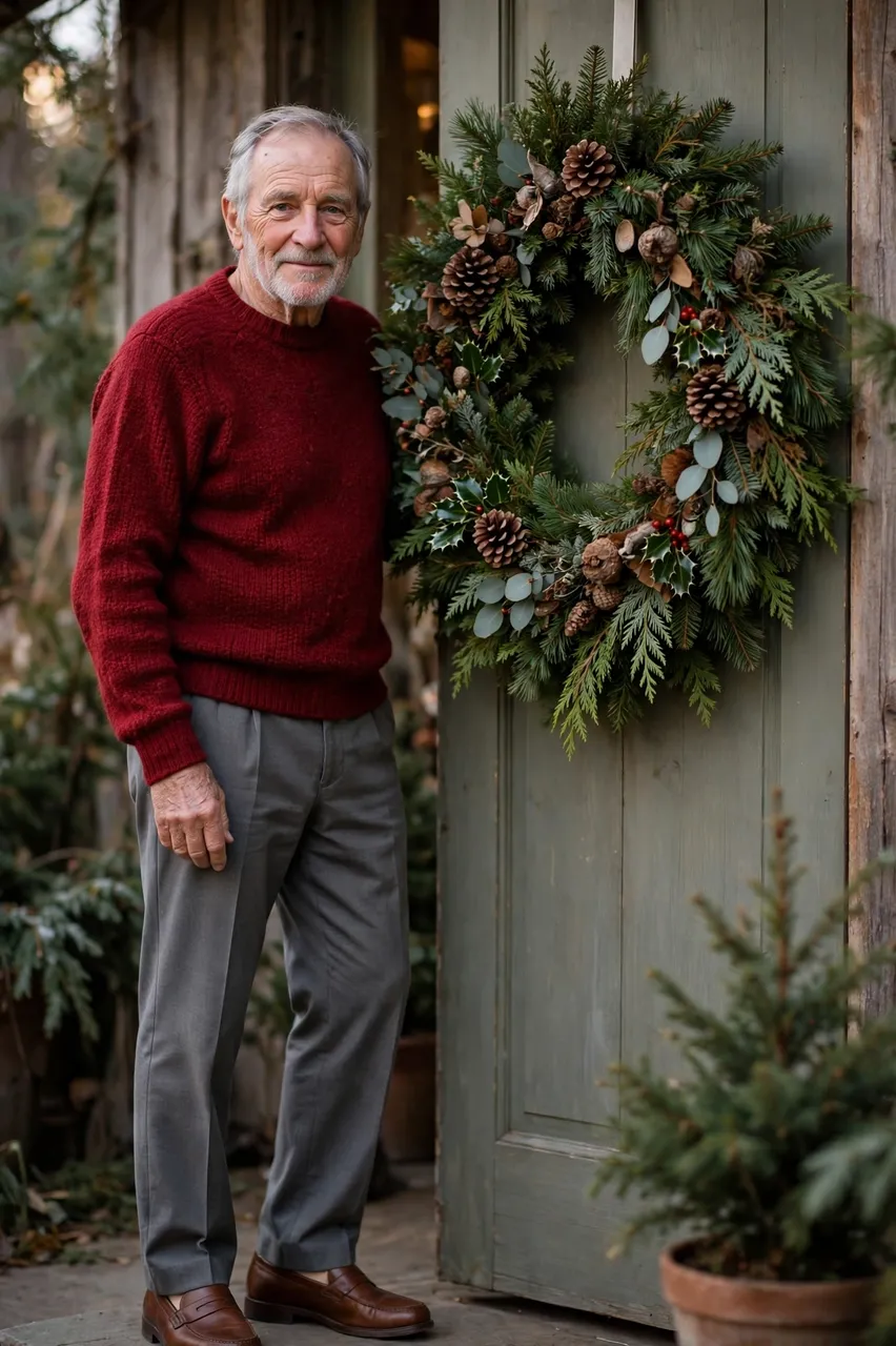 Elderly man in a red sweater stands next to a decorated holiday wreath on an exterior front door.