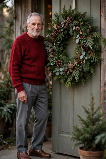 Elderly man in a red sweater stands next to a decorated holiday wreath on an exterior front door.