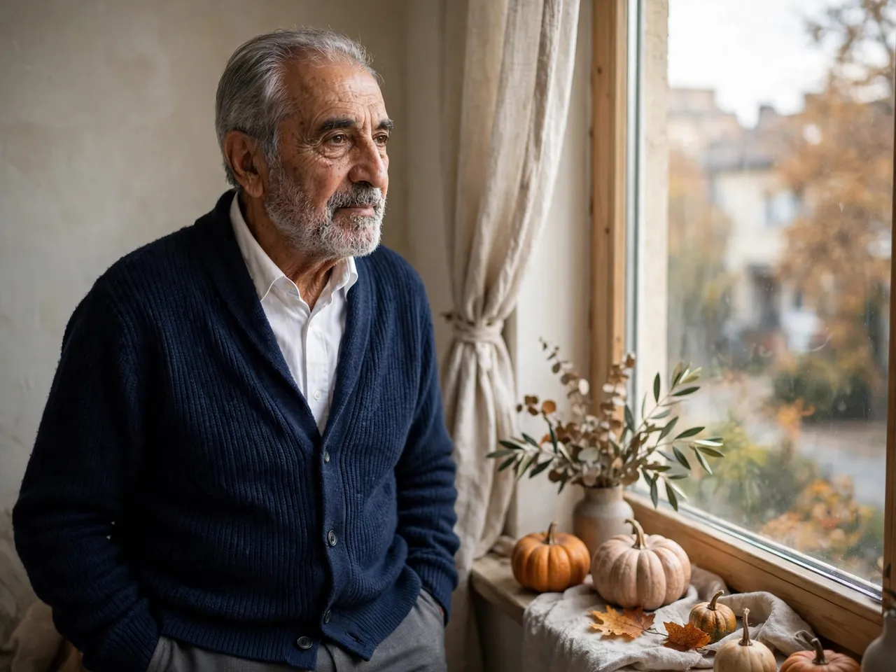 Older Middle Eastern man in a navy cardigan looks out a window decorated with small pumpkins and autumn leaves.