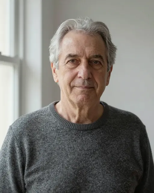 Portrait of a gray-haired man in a knit sweater lit by soft window light