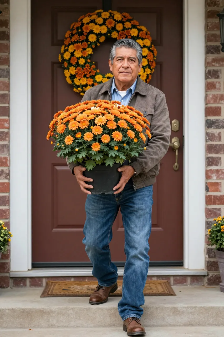 Older Latino man stands on home front steps holding a large potted orange chrysanthemum with an autumn wreath behind him on