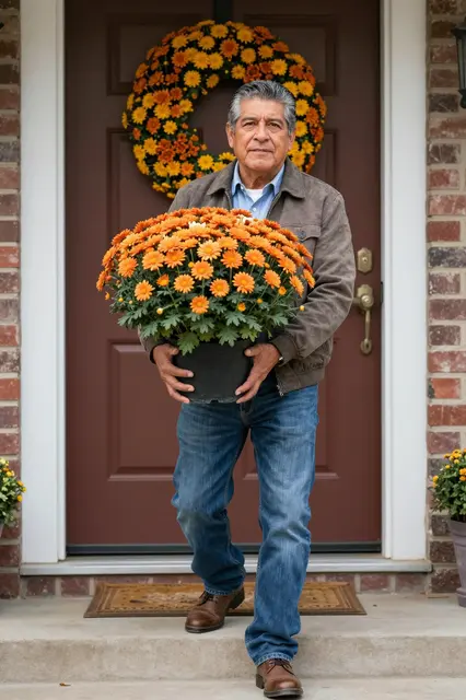 Older Latino man stands on home front steps holding a large potted orange chrysanthemum with an autumn wreath behind him on
