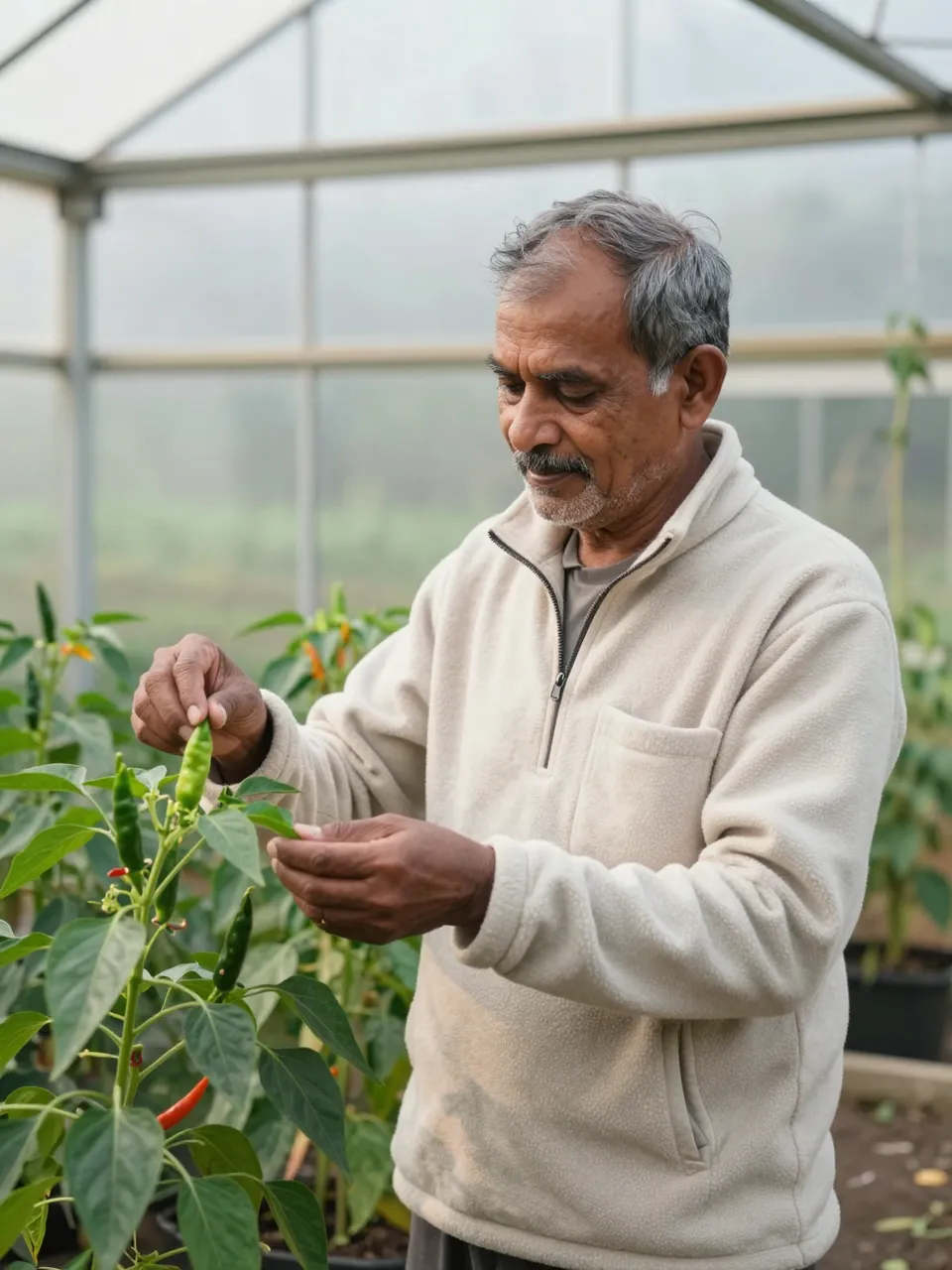 An older South Asian man inspects chili pepper plants inside a small backyard greenhouse at dawn
