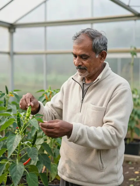 An older South Asian man inspects chili pepper plants inside a small backyard greenhouse at dawn