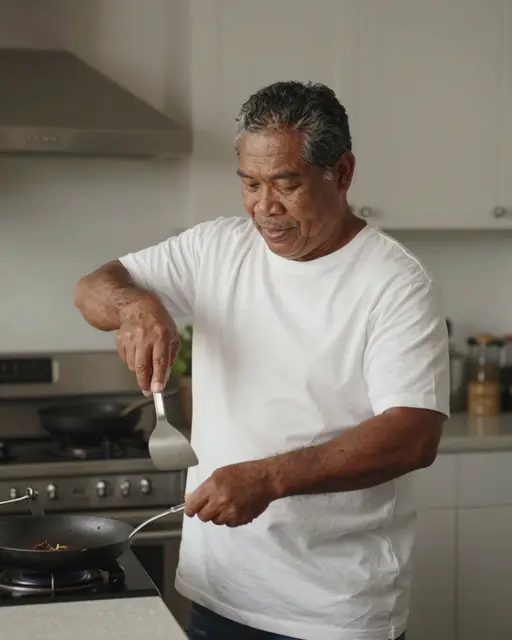 Older Pacific Islander man cooks with a spatula and frying pan in a bright home kitchen.