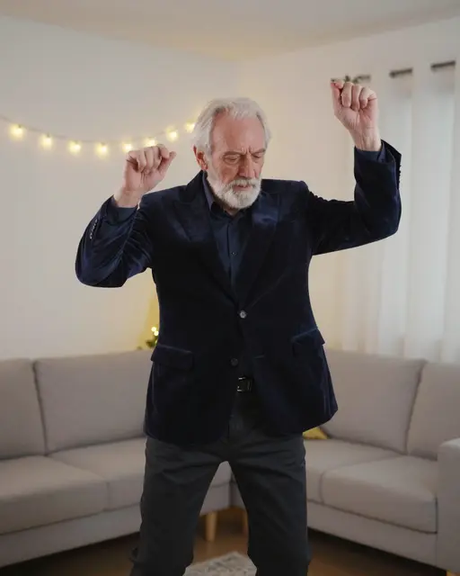 Older man in a dark velvet blazer dances in a living room lit by warm string lights