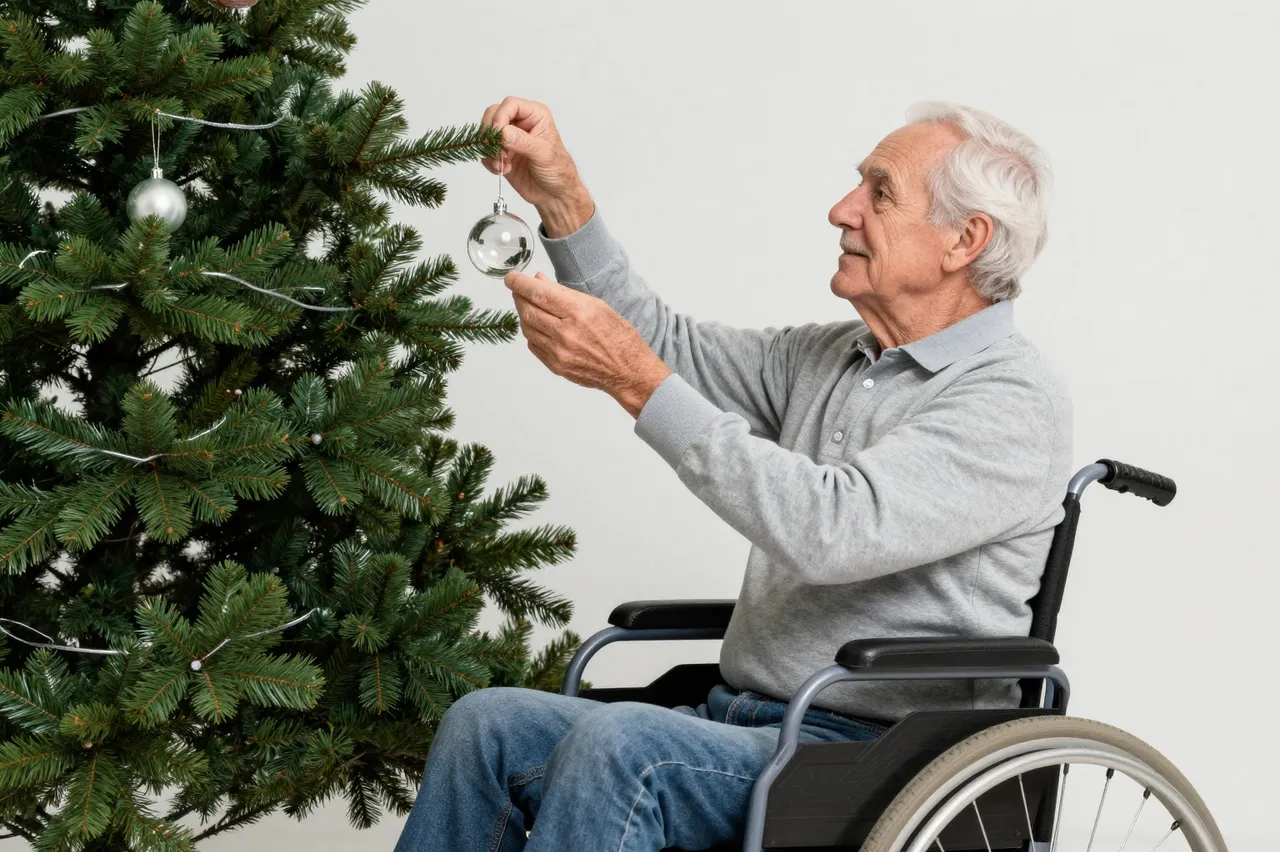 Elderly man in a wheelchair hangs a glass ornament on a low Christmas tree branch
