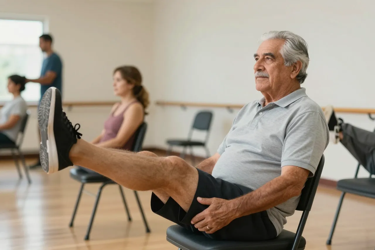 Elderly Latino man performs seated leg lifts during a group exercise class in a community center room