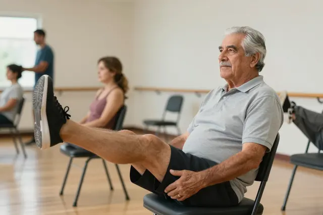 Elderly Latino man performs seated leg lifts during a group exercise class in a community center room