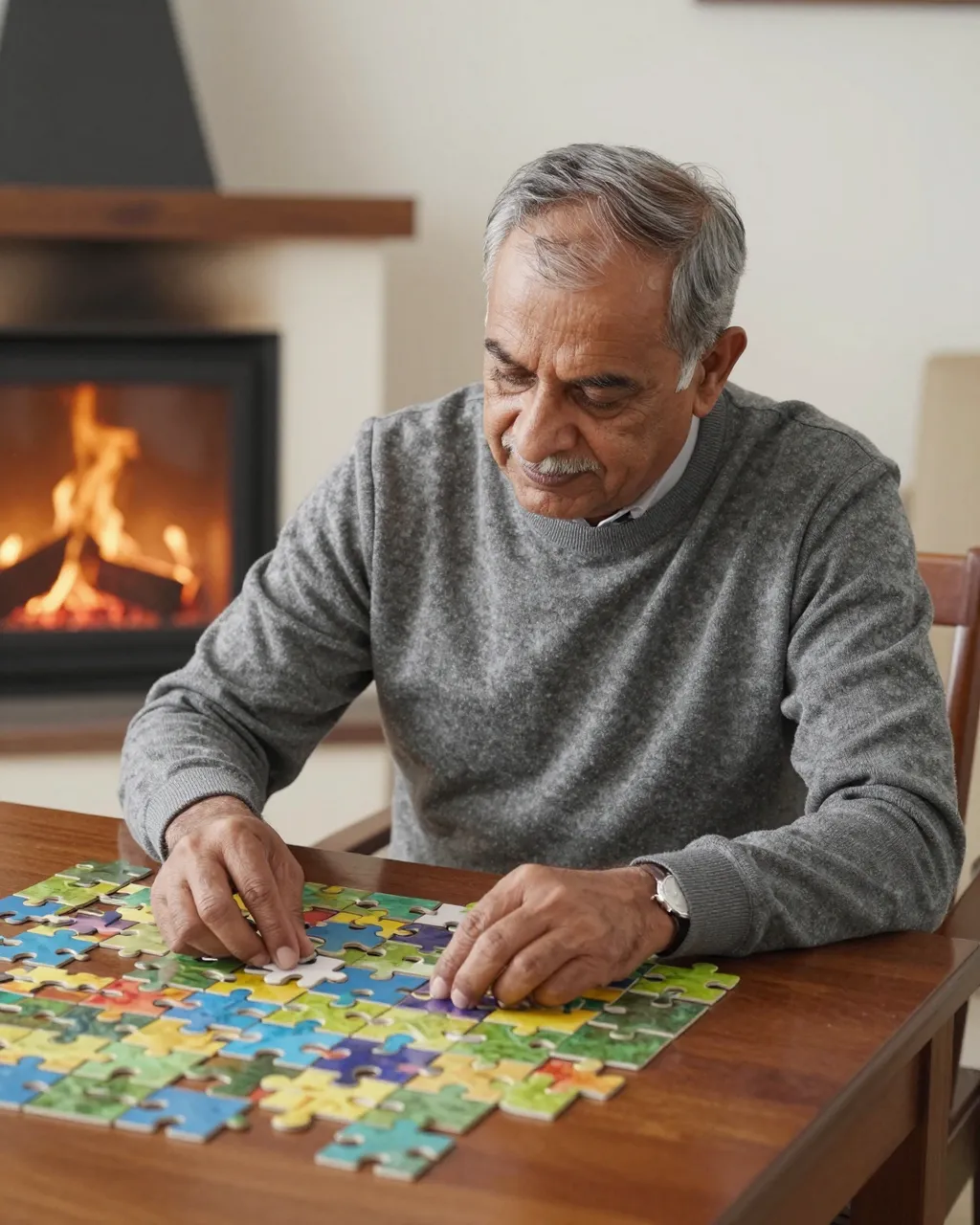 Older South Asian man in a gray sweater works on a jigsaw puzzle at a wooden table near a lit fireplace