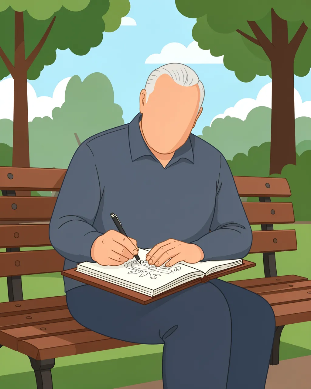 Faceless senior man sits on a wooden park bench sketching in an open sketchbook