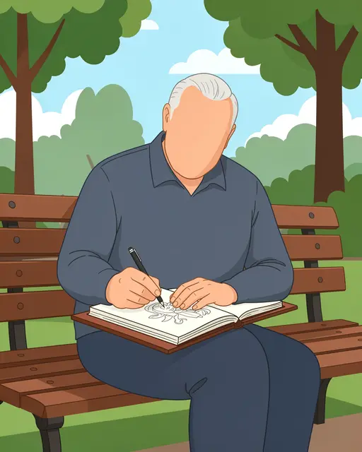 Faceless senior man sits on a wooden park bench sketching in an open sketchbook