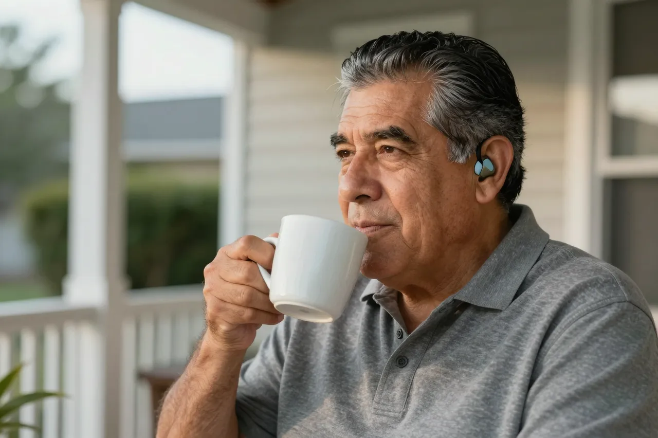 Older Latino man with a hearing aid holds a white coffee mug while sitting on a residential front porch at dawn.