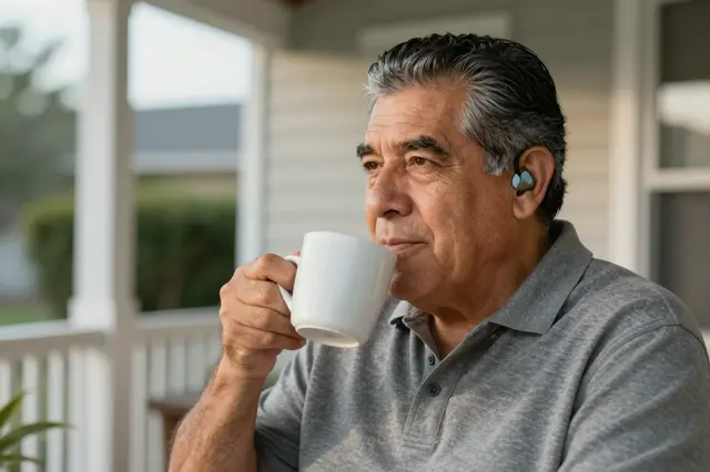 Older Latino man with a hearing aid holds a white coffee mug while sitting on a residential front porch at dawn.