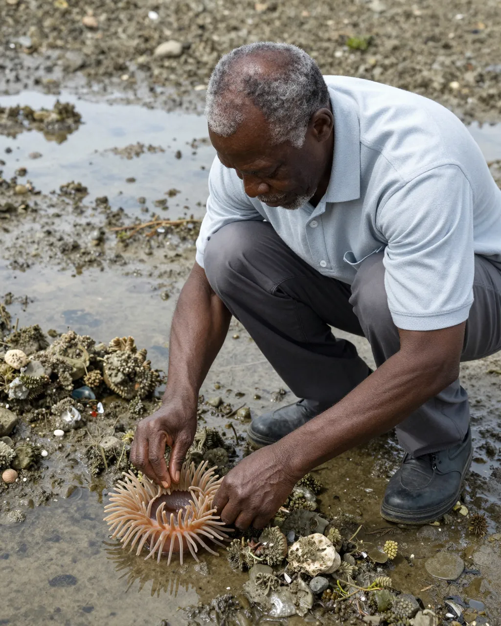 Older Black man crouches at a low tide rocky shore looking closely at a sea anemone in a rock pool.