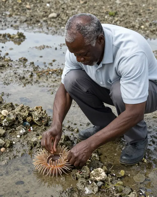 Older Black man crouches at a low tide rocky shore looking closely at a sea anemone in a rock pool.