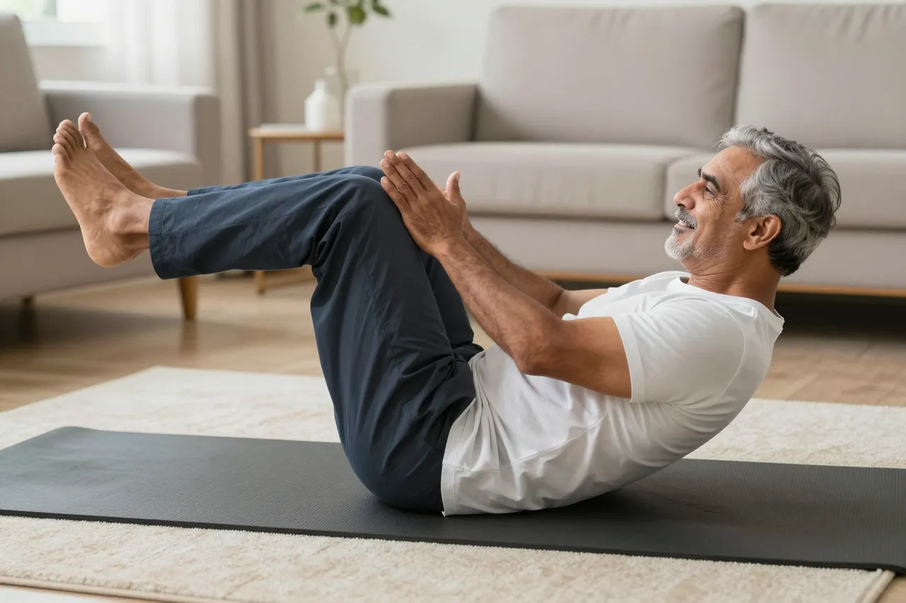 Side view of a South Asian man in his sixties doing core exercises on a yoga mat in a bright living room