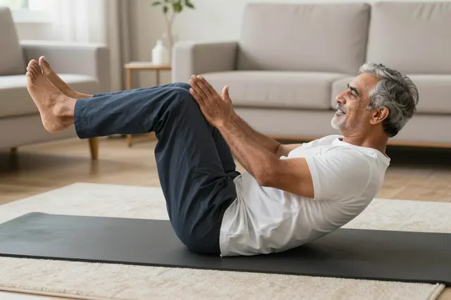 Side view of a South Asian man in his sixties doing core exercises on a yoga mat in a bright living room
