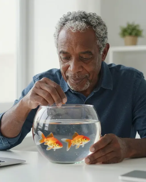Mixed-race senior man gently feeding two goldfish in a glass bowl on a desk by soft window light