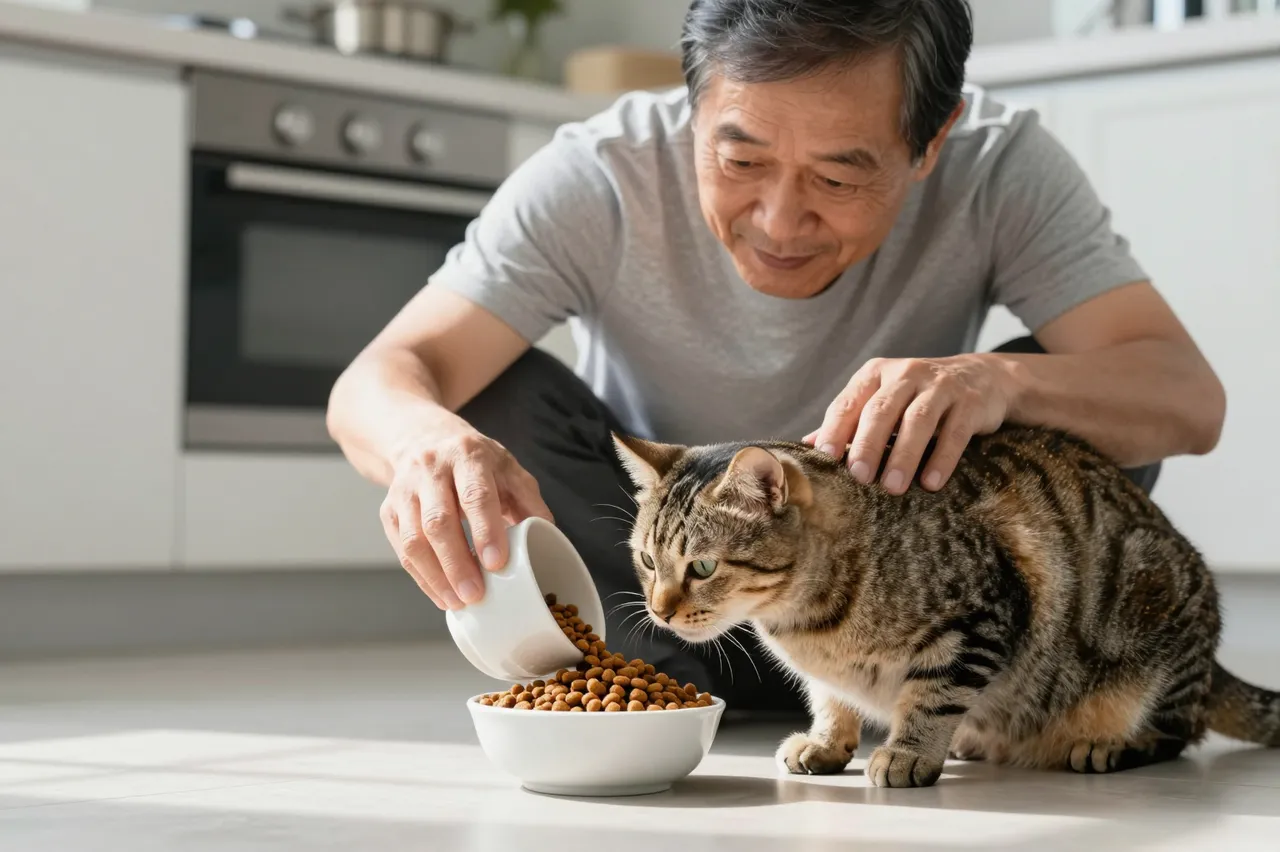 Senior Southeast Asian man pours kibble into a bowl while petting his tabby cat on a sunlit kitchen floor