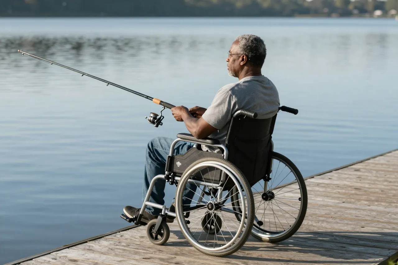 Older Black man in a wheelchair holds a fishing rod while seated on a wooden pier over a calm lake in soft morning light