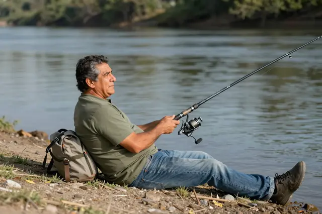 A senior Latino man sits on a rocky riverbank holding a fishing rod on a calm lazy afternoon.