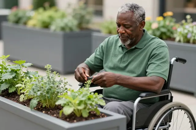 Older Black man in a wheelchair uses pruners to snip herbs from a raised planter box