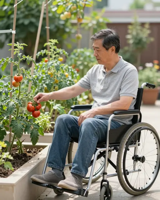 East Asian man in his fifties seated in a wheelchair tends ripening tomato plants in a sunny backyard raised garden bed.