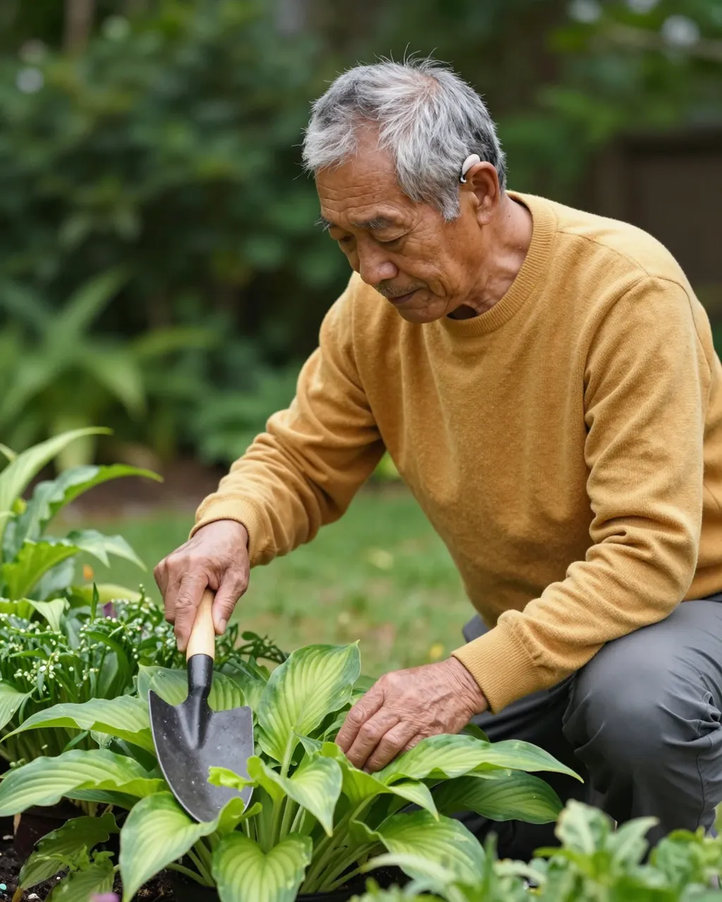 Older man with a hearing aid gardens with a trowel among hosta plants in a shady yard